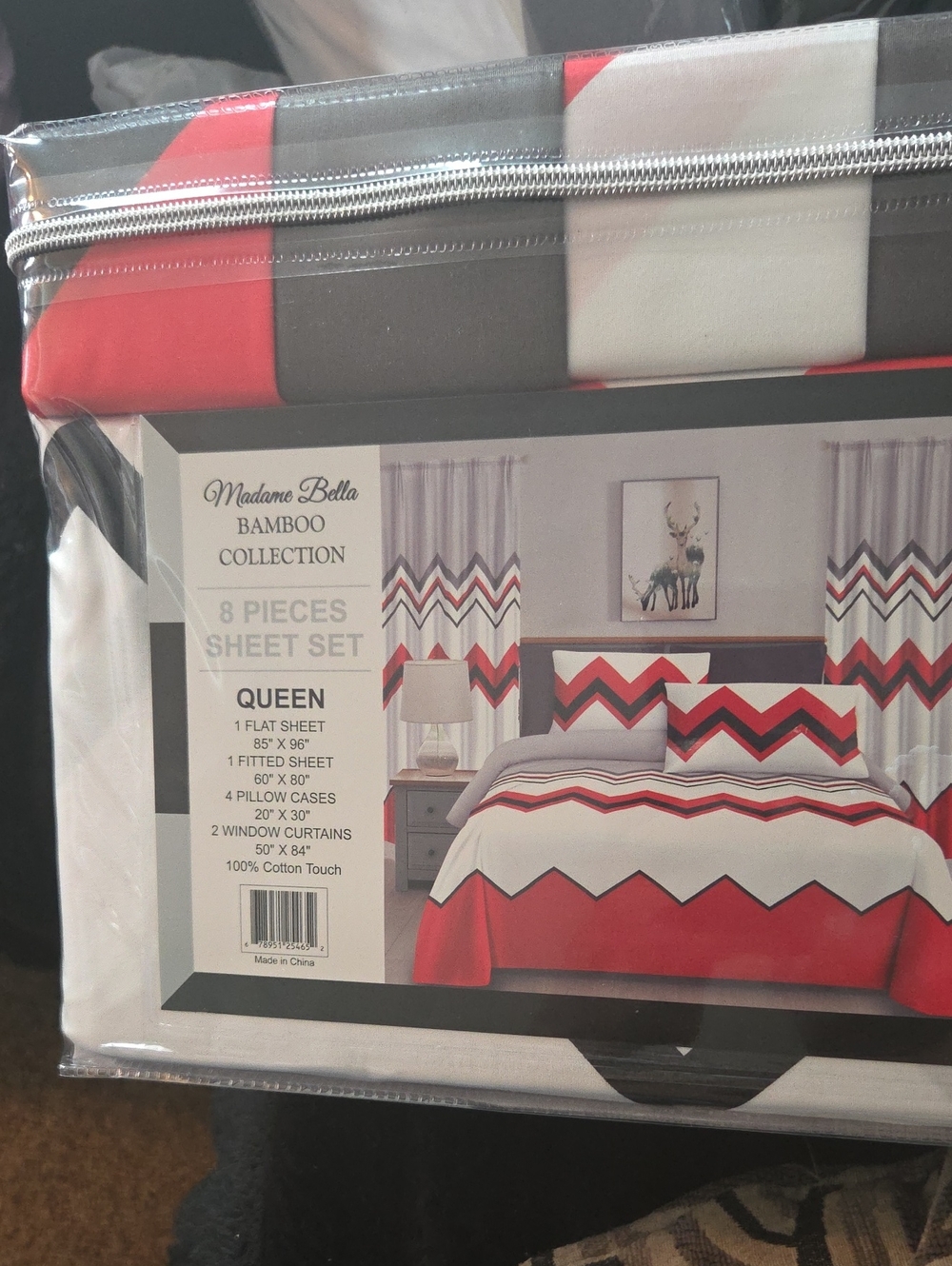 Queen Bamboo Sheet Set in Red, Gray & White